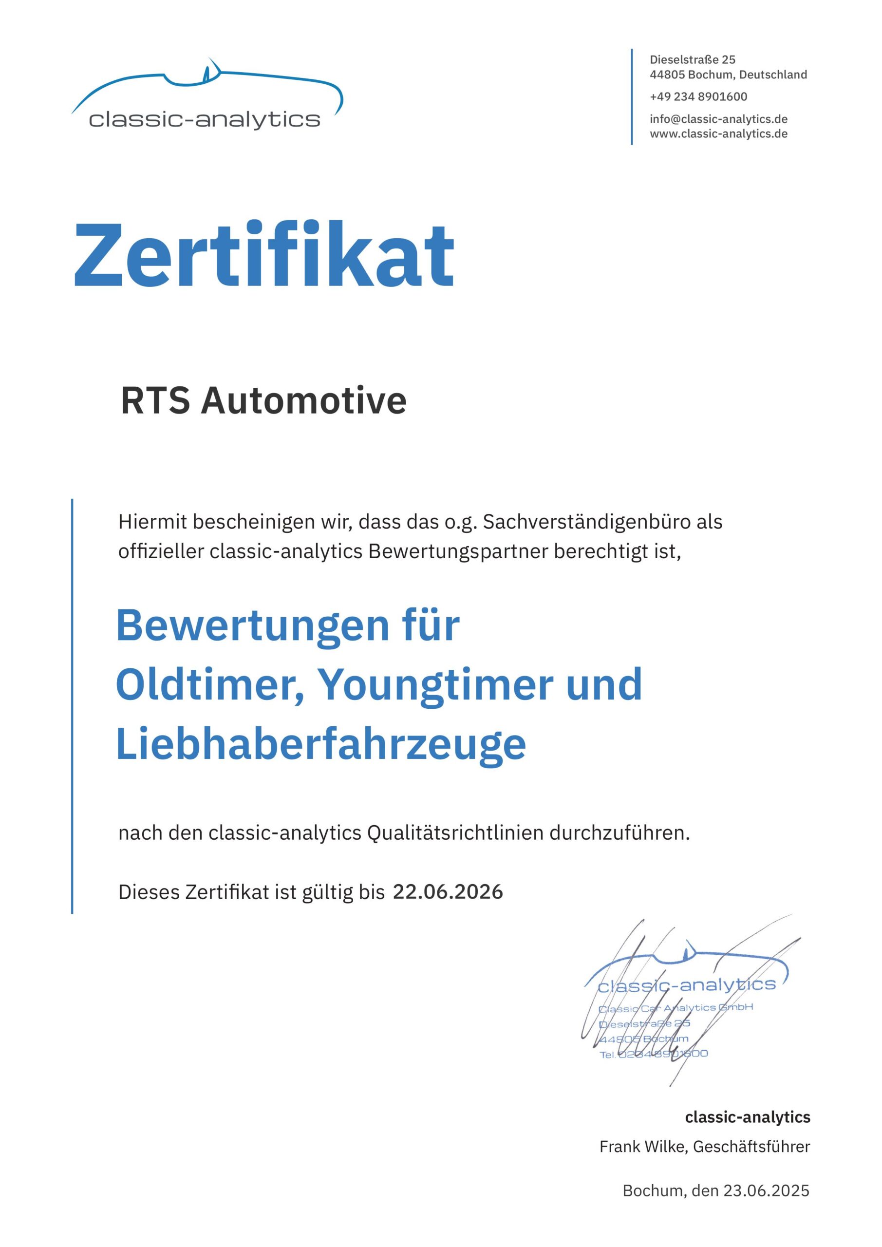 Mitgliedsurkunde Classic Analytics